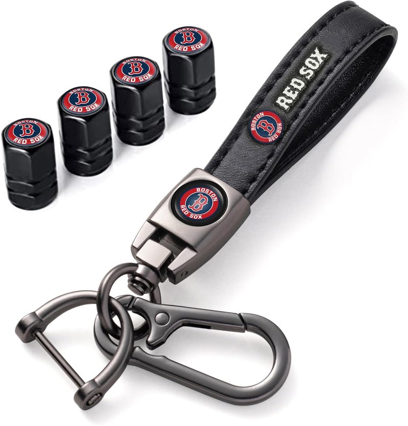 Kaleduo for Boston Red Sox Baseball Fans Car Keychain with Tire Valve Caps, Car Keyring and Valve Stem Caps Compatible with Key Fob Holder, Delicate Gifts for Men Women, Red Sox - Image 1
